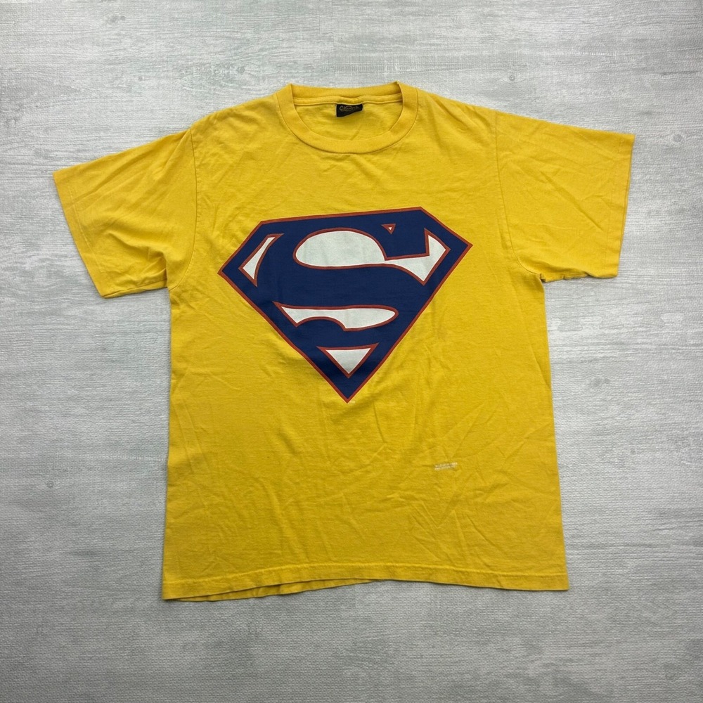 Vintage 90s Superman Shirt Size Large Yellow 1997 DC Comics Big Logo Changes Tee